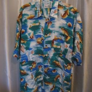 Monticerutti Fish Print Men's Hawaiian Button Down Shirt Sz L 100% Rayon Pre-Own